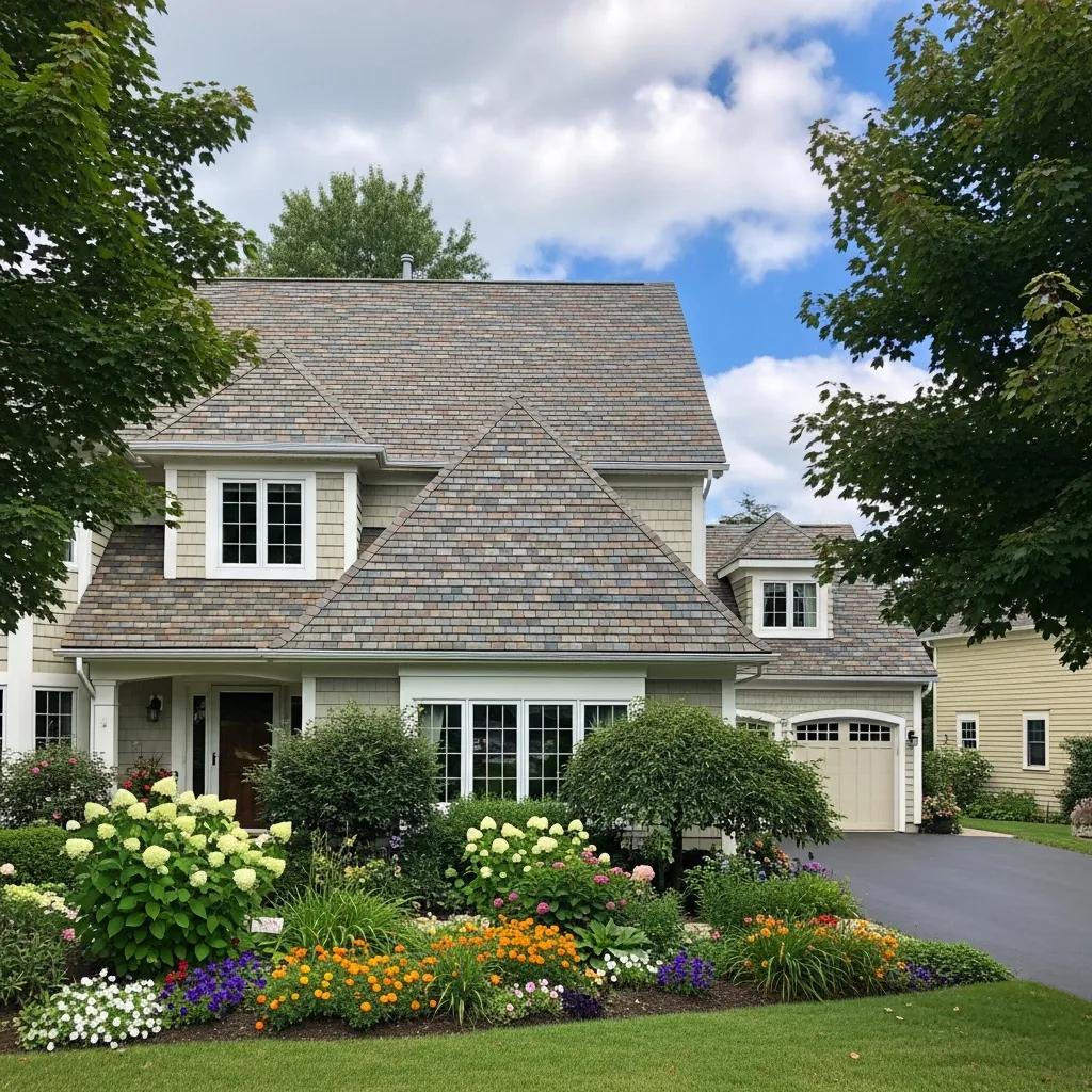 Residential home with a newly installed asphalt shingle roof showcasing its variety of colors and styles